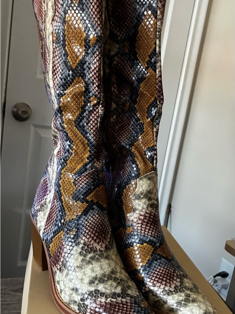Yoki Multicolor Snake-Print Knee Boots - Brown, Tan, Black, Cream - Picture 2 of 6